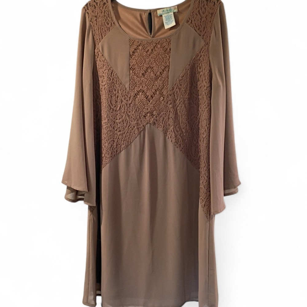 Altar'd State Tunic Is Taupe Color With Lace Embellishment Bell Sleeves Sz Small